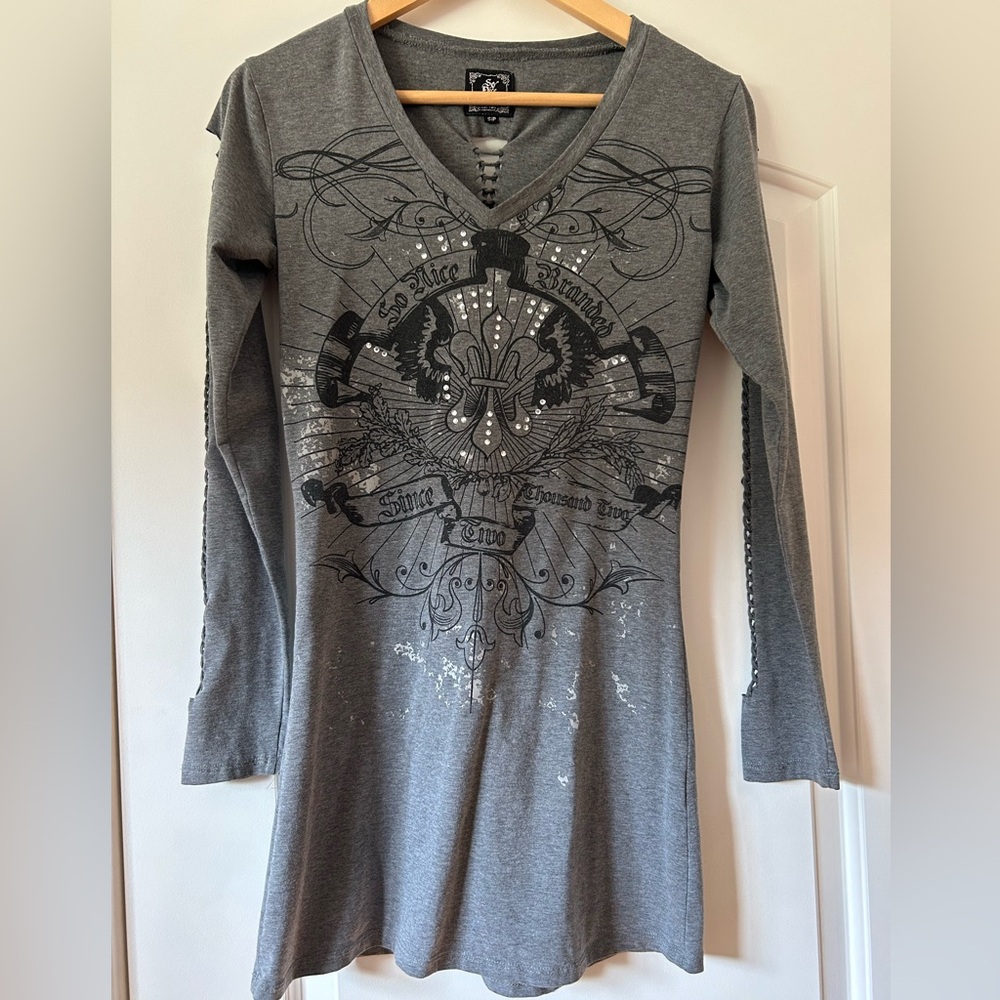 Gray V-Neck Long Sleeve Casual Dress